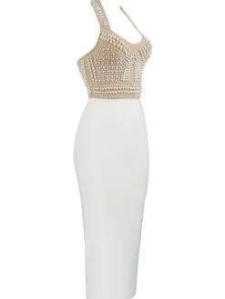 Isabella Halterneck Pearls Bandage Dress In Beige