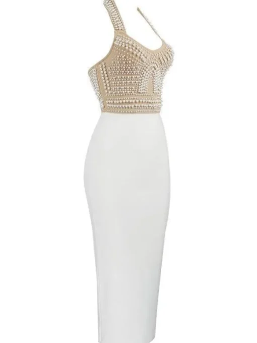 Isabella Halterneck Pearls Bandage Dress In Beige