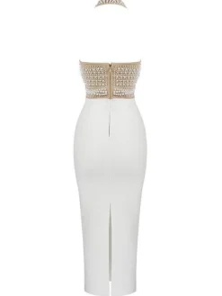 Isabella Halterneck Pearls Bandage Dress In Beige