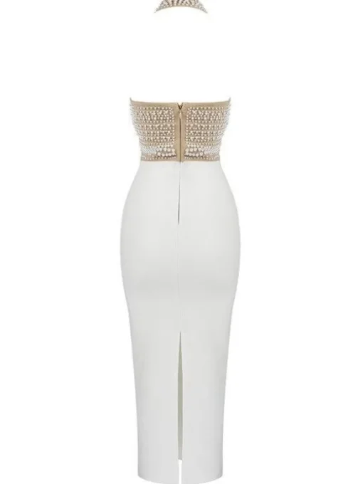 Isabella Halterneck Pearls Bandage Dress In Beige