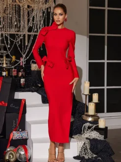 Ishhara Long Sleeve Bow Cutout Bandage Dress