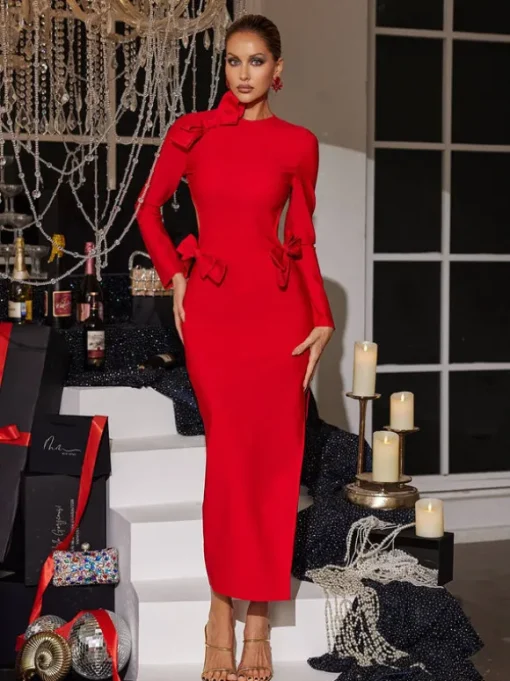 Ishhara Long Sleeve Bow Cutout Bandage Dress