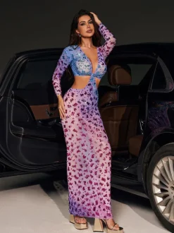 Issa Ombre Rhinestone Cutout Maxi Dress