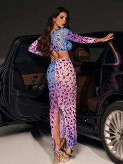 Issa Ombre Rhinestone Cutout Maxi Dress
