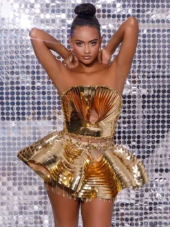 Jahdiel Crystal Fringe Metallic Skirt Set In Gold