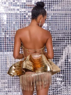 Jahdiel Crystal Fringe Metallic Skirt Set In Gold