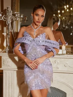 Jaimarie Off Shoulder Rhinestone Fringe Mini Dress In Purple