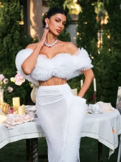 Jalynne Corset Tulle Trimmed Sequin Skirt Set In White