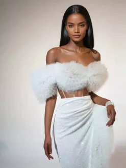 Jalynne Corset Tulle Trimmed Sequin Skirt Set In White