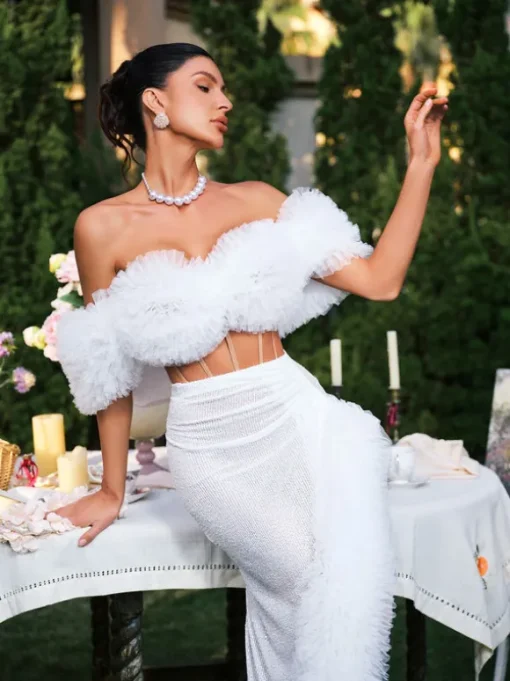 Jalynne Corset Tulle Trimmed Sequin Skirt Set In White