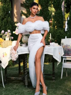 Jalynne Corset Tulle Trimmed Sequin Skirt Set In White