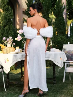 Jalynne Corset Tulle Trimmed Sequin Skirt Set In White