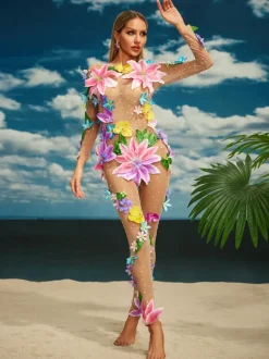 Jamshid Long Sleeve Flower Mesh Jumpsuit