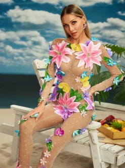 Jamshid Long Sleeve Flower Mesh Jumpsuit