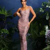 Jennlika Spaghetti Rhinestone Mesh Maxi Dress
