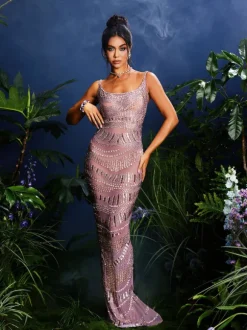 Jennlika Spaghetti Rhinestone Mesh Maxi Dress