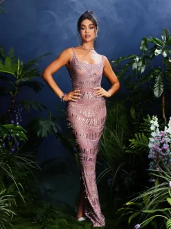 Jennlika Spaghetti Rhinestone Mesh Maxi Dress