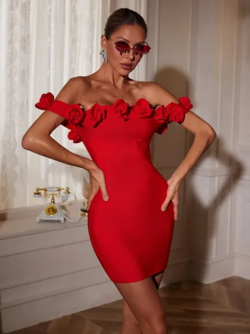 Jester Off Shoulder Flower Bandage Dress