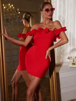 Jester Off Shoulder Flower Bandage Dress