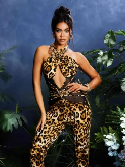 Jonalynn Halterneck Cutout Leopard Jumpsuit