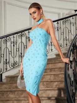 Jora Turtleneck Rhinestone Asymmetric Dress