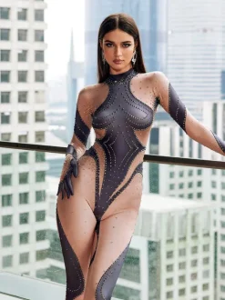 Journee Printed Rhinestone Gloves Jumpsuit