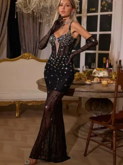 Jyler Spaghetti Rhinestone Mesh Maxi Dress
