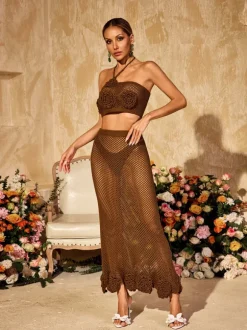 Jyxaris Halterneck Flower Knitted Skirt Set