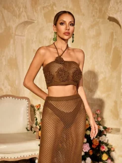 Jyxaris Halterneck Flower Knitted Skirt Set