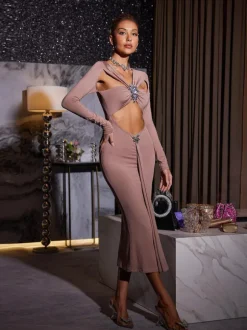 Kaison Long Sleeve Crystal Cutout Midi Dress