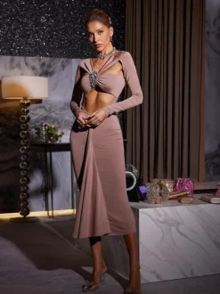 Kaison Long Sleeve Crystal Cutout Midi Dress