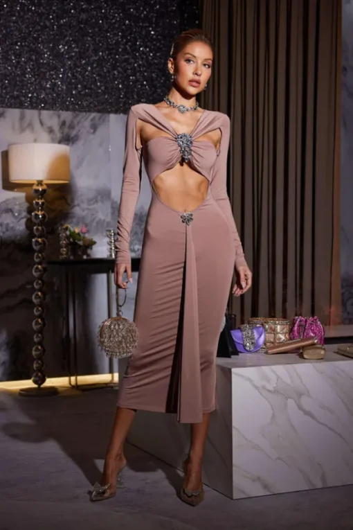 Kaison Long Sleeve Crystal Cutout Midi Dress