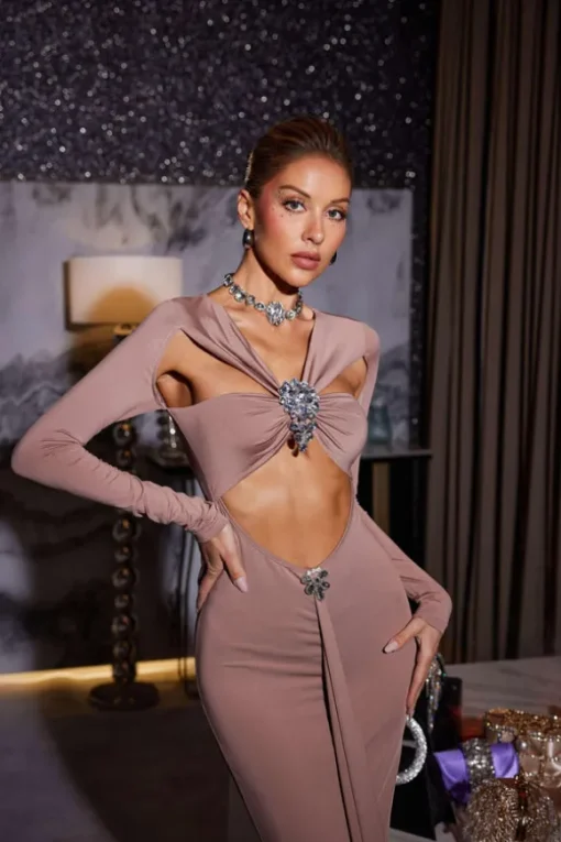 Kaison Long Sleeve Crystal Cutout Midi Dress