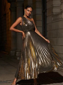Kaleen One Shoulder Metallic Maxi Dress In Gold