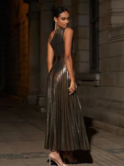 Kaleen One Shoulder Metallic Maxi Dress In Gold