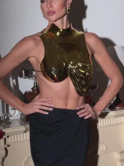 Kari Sleeveless Drapery Armor Top In Gold