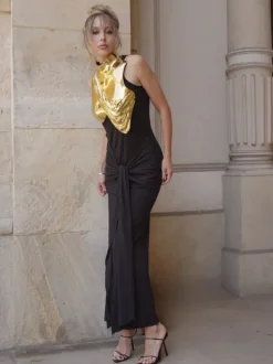 Kari Sleeveless Drapery Armor Top In Gold