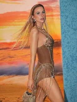 Keanu Embellished Crystal Chain Dress In Gold