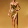 Keisha Rhinestone Metallic Skirt Set In Gold