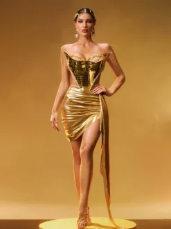 Keisha Rhinestone Metallic Skirt Set In Gold
