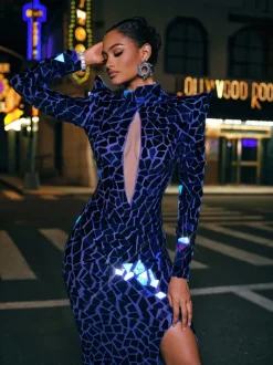 Kellan Long Sleeve Embellished Split Maxi Dress In Blue