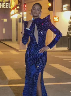 Kellan Long Sleeve Embellished Split Maxi Dress In Blue