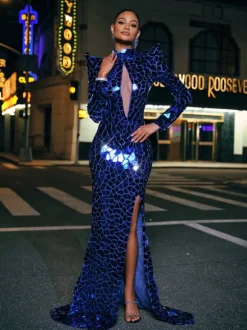 Kellan Long Sleeve Embellished Split Maxi Dress In Blue