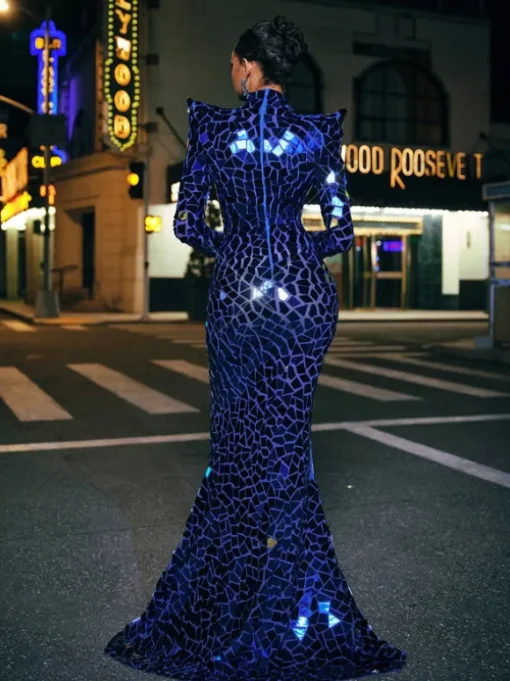 Kellan Long Sleeve Embellished Split Maxi Dress In Blue