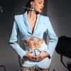 Kendall Crystal Fringe Chain Denim Blazer
