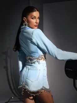 Kendall Crystal Fringe Chain Denim Blazer