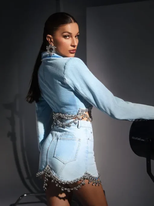 Kendall Crystal Fringe Chain Denim Blazer