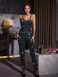 Kensli Spaghetti Rhinestone Bandage Jumpsuit
