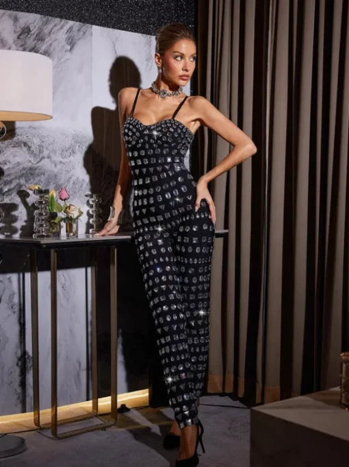 Kensli Spaghetti Rhinestone Bandage Jumpsuit