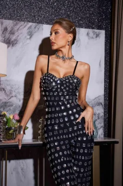 Kensli Spaghetti Rhinestone Bandage Jumpsuit